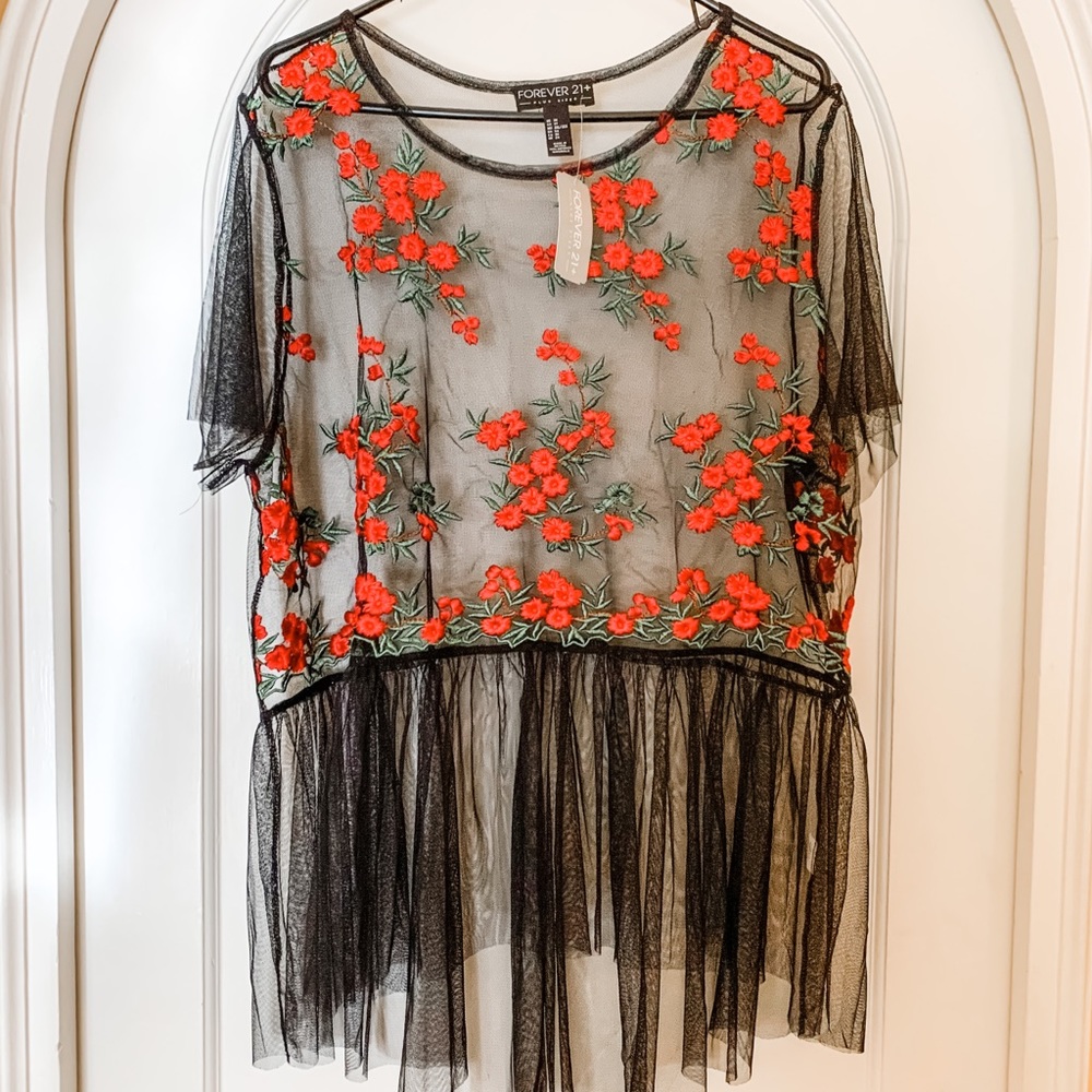 Sheer top with floral embroidery